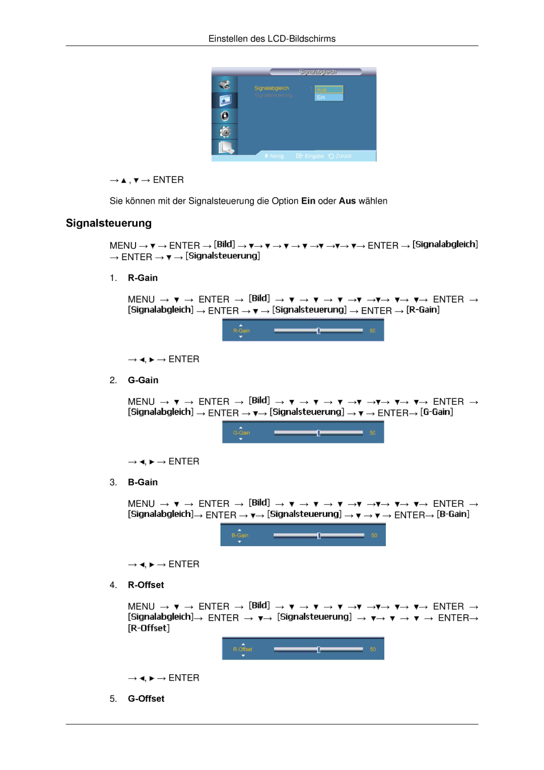 Samsung LH65TCPMBC/EN manual Signalsteuerung, Gain, Offset 