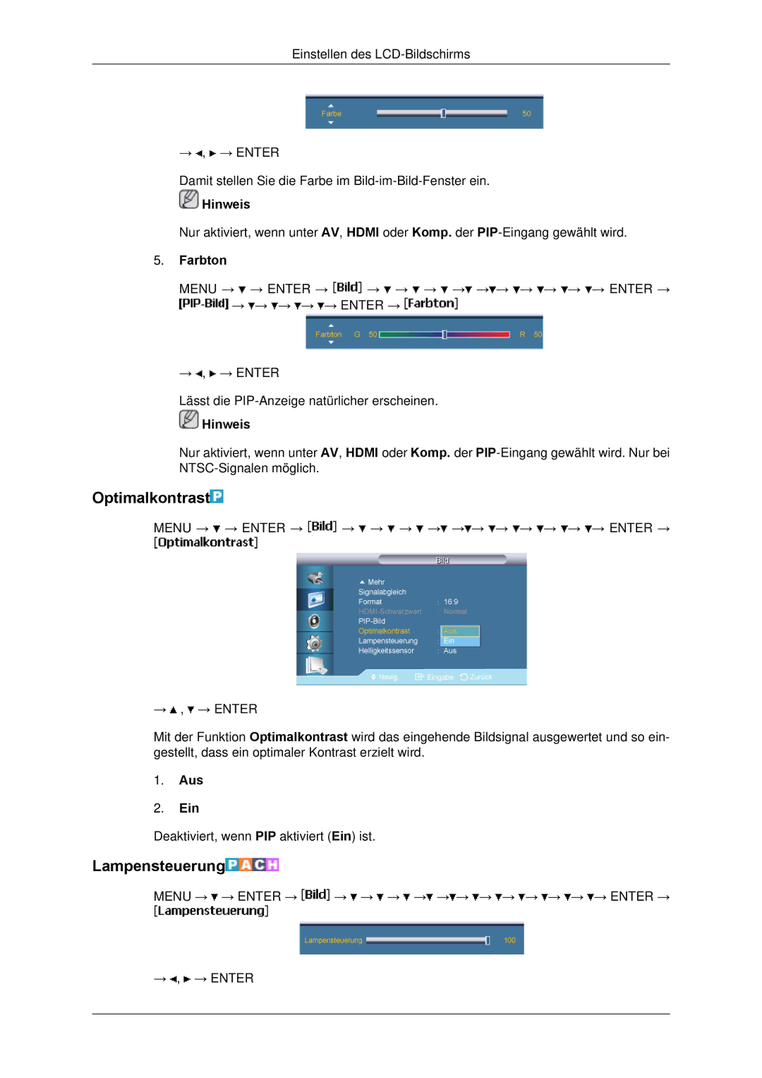 Samsung LH65TCPMBC/EN manual Optimalkontrast, Lampensteuerung, Farbton 