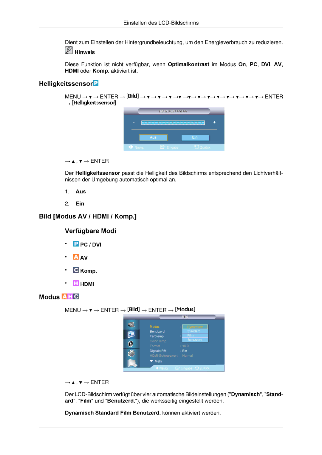 Samsung LH65TCPMBC/EN manual Helligkeitssensor, Bild Modus AV / Hdmi / Komp Verfügbare Modi 