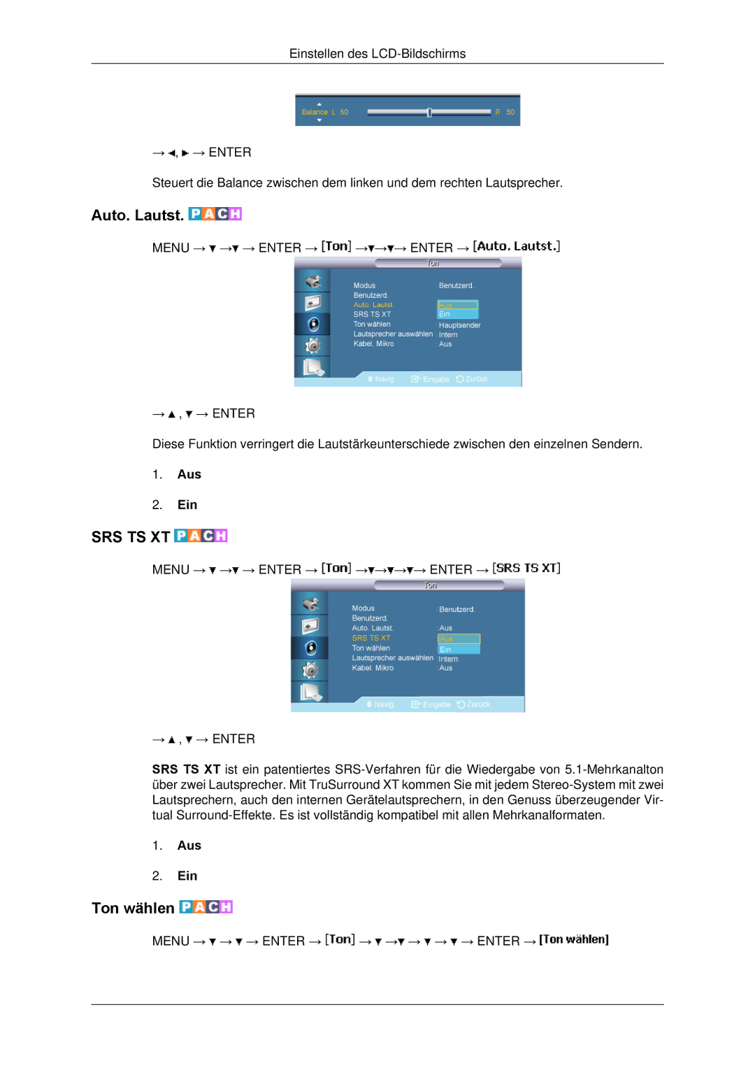 Samsung LH65TCPMBC/EN manual Auto. Lautst, Ton wählen 