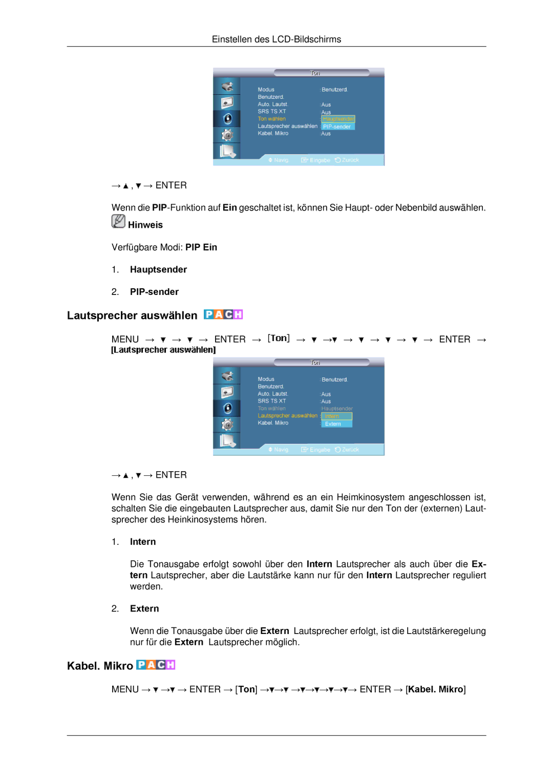 Samsung LH65TCPMBC/EN manual Lautsprecher auswählen, Kabel. Mikro, Hauptsender PIP-sender, Intern, Extern 