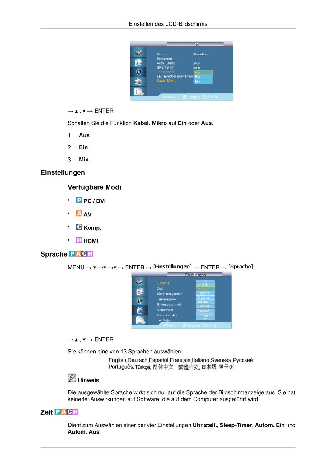 Samsung LH65TCPMBC/EN manual Einstellungen Verfügbare Modi, Sprache, Zeit, Aus Ein Mix 