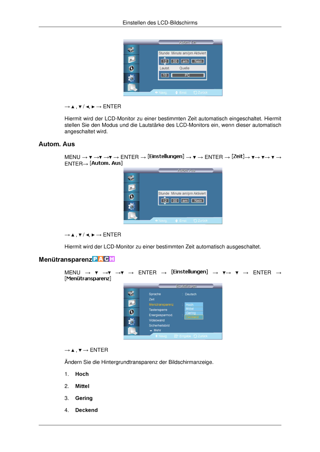 Samsung LH65TCPMBC/EN manual Autom. Aus, Menütransparenz, Hoch Mittel Gering Deckend 