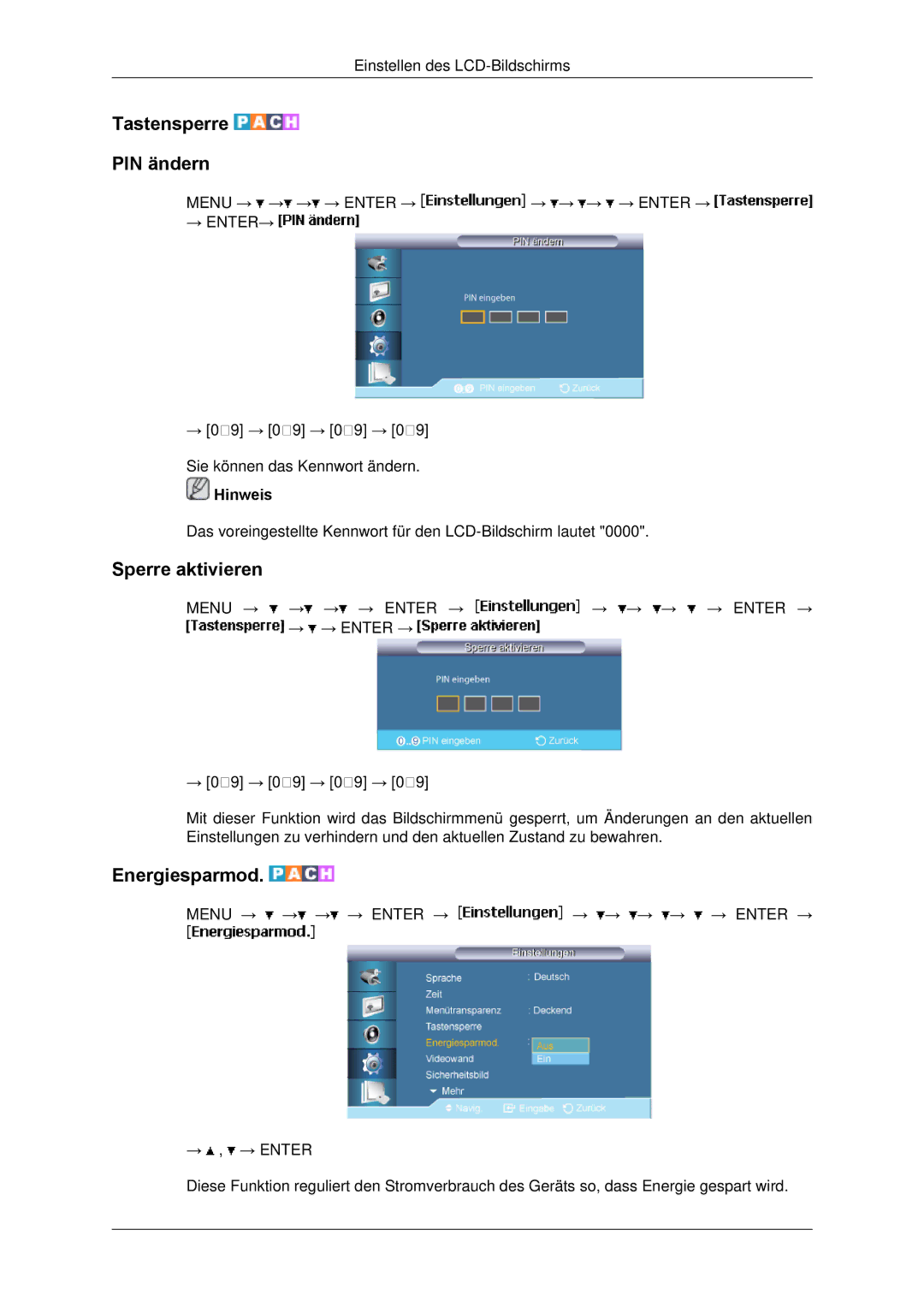 Samsung LH65TCPMBC/EN manual Tastensperre PIN ändern, Sperre aktivieren, Energiesparmod 