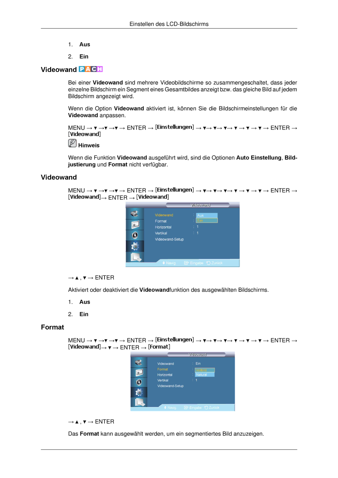 Samsung LH65TCPMBC/EN manual Videowand, Aus Ein 