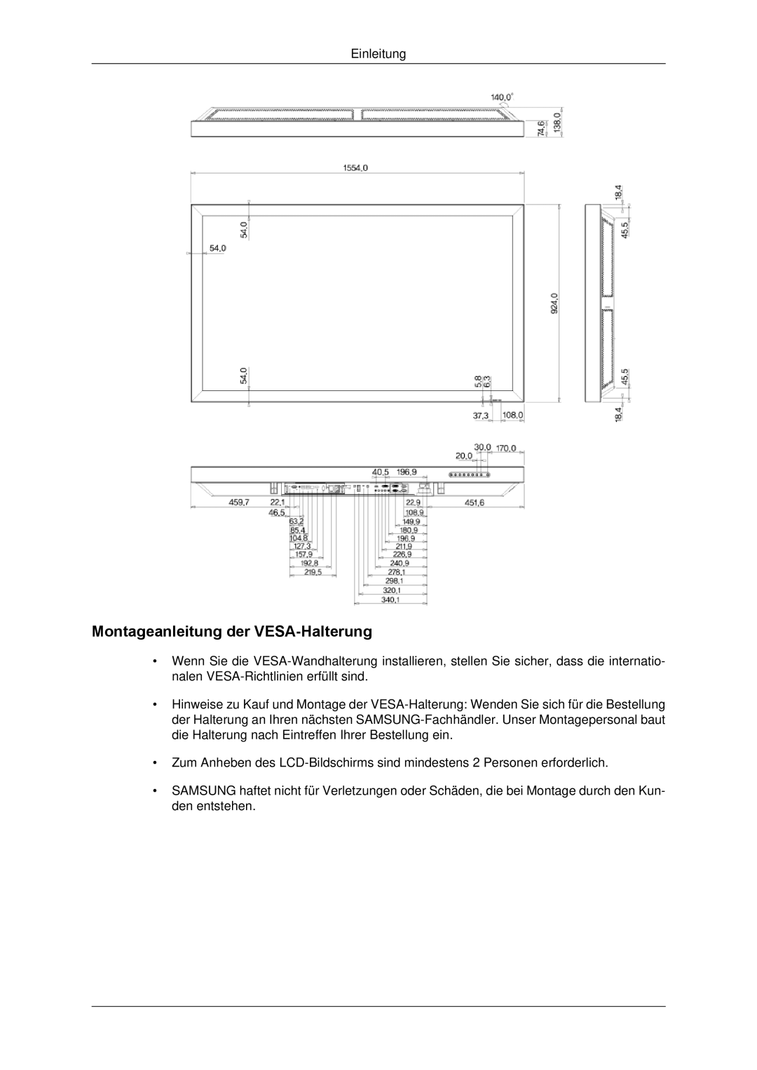 Samsung LH65TCPMBC/EN manual Montageanleitung der VESA-Halterung 