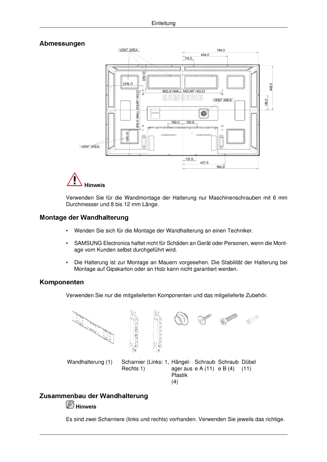 Samsung LH65TCPMBC/EN manual Abmessungen, Montage der Wandhalterung, Komponenten, Zusammenbau der Wandhalterung 