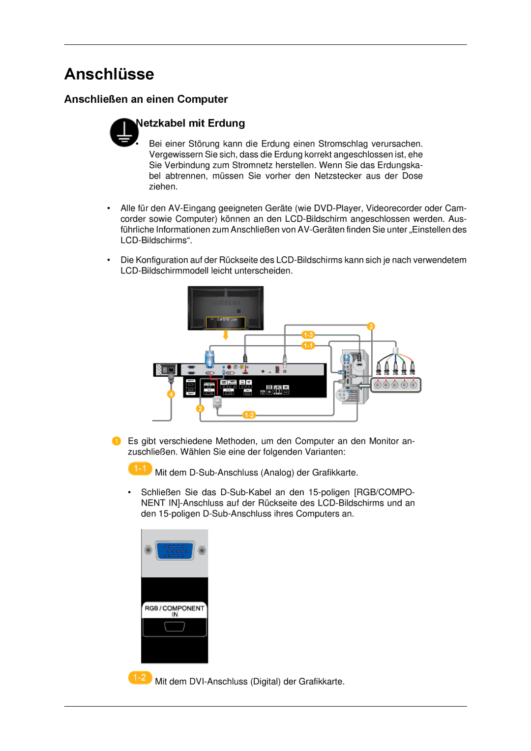 Samsung LH65TCPMBC/EN manual Anschlüsse, Anschließen an einen Computer Netzkabel mit Erdung 