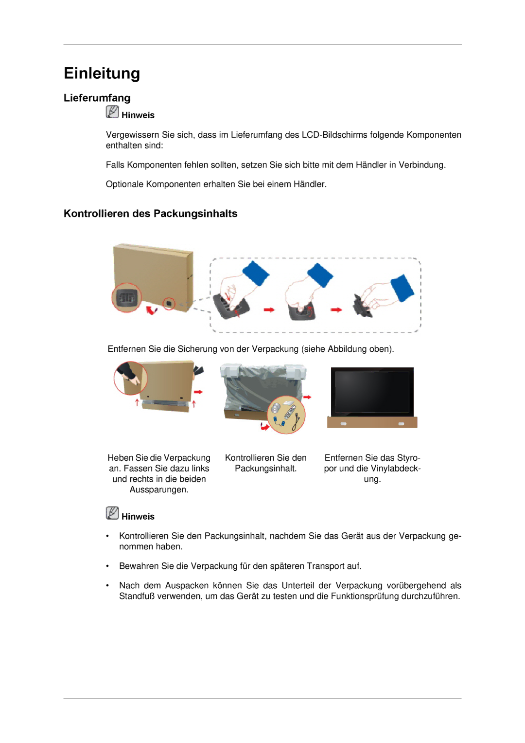 Samsung LH65TCPMBC/EN manual Lieferumfang, Kontrollieren des Packungsinhalts 