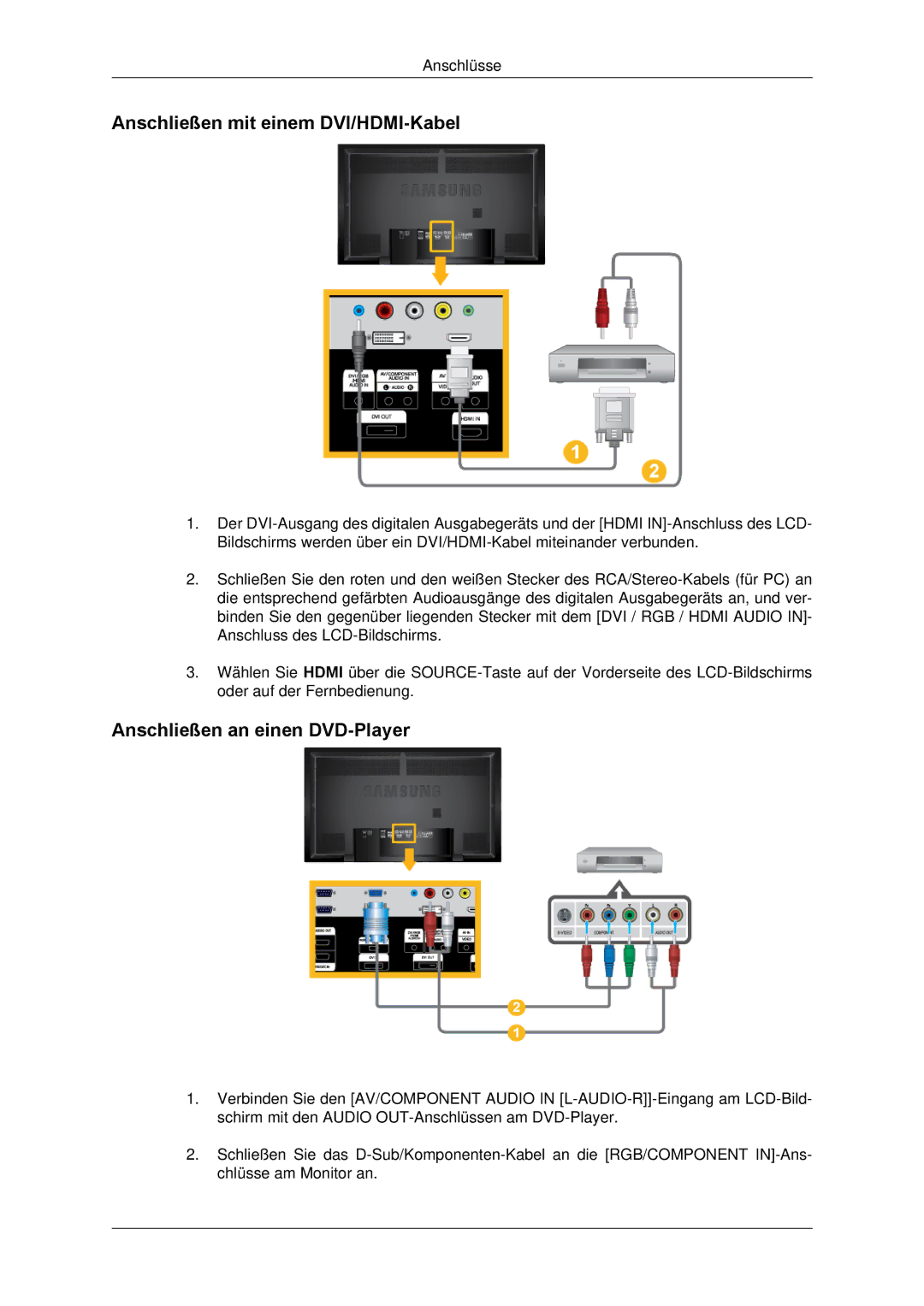 Samsung LH65TCPMBC/EN manual Anschließen mit einem DVI/HDMI-Kabel, Anschließen an einen DVD-Player 