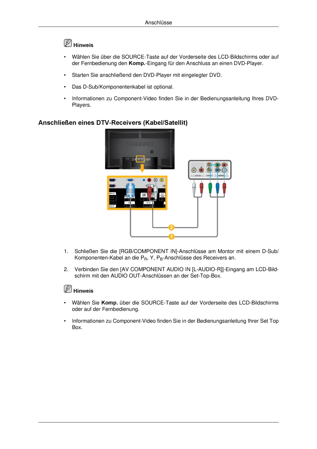 Samsung LH65TCPMBC/EN manual Anschließen eines DTV-Receivers Kabel/Satellit 