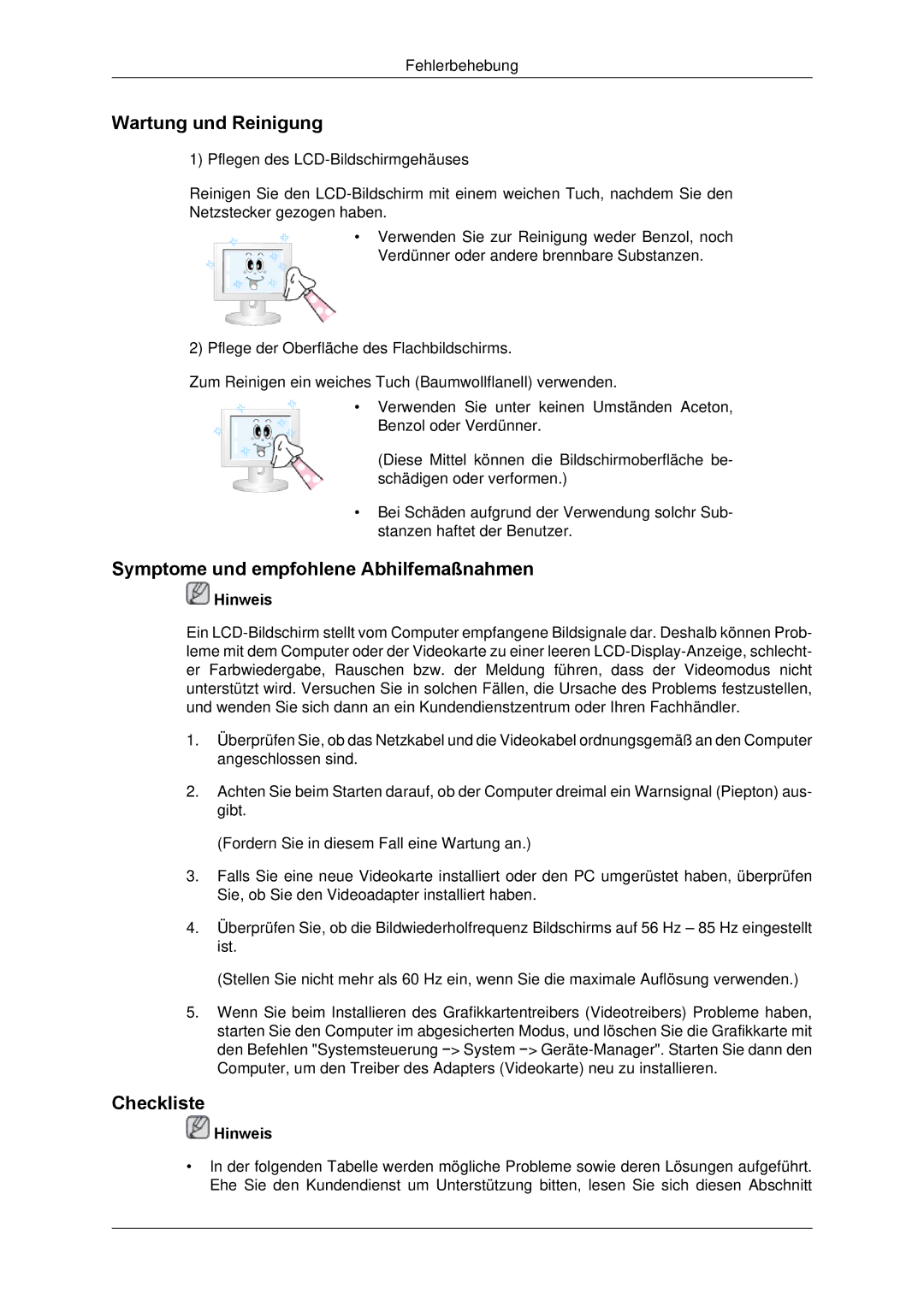 Samsung LH65TCPMBC/EN manual Wartung und Reinigung, Symptome und empfohlene Abhilfemaßnahmen, Checkliste 