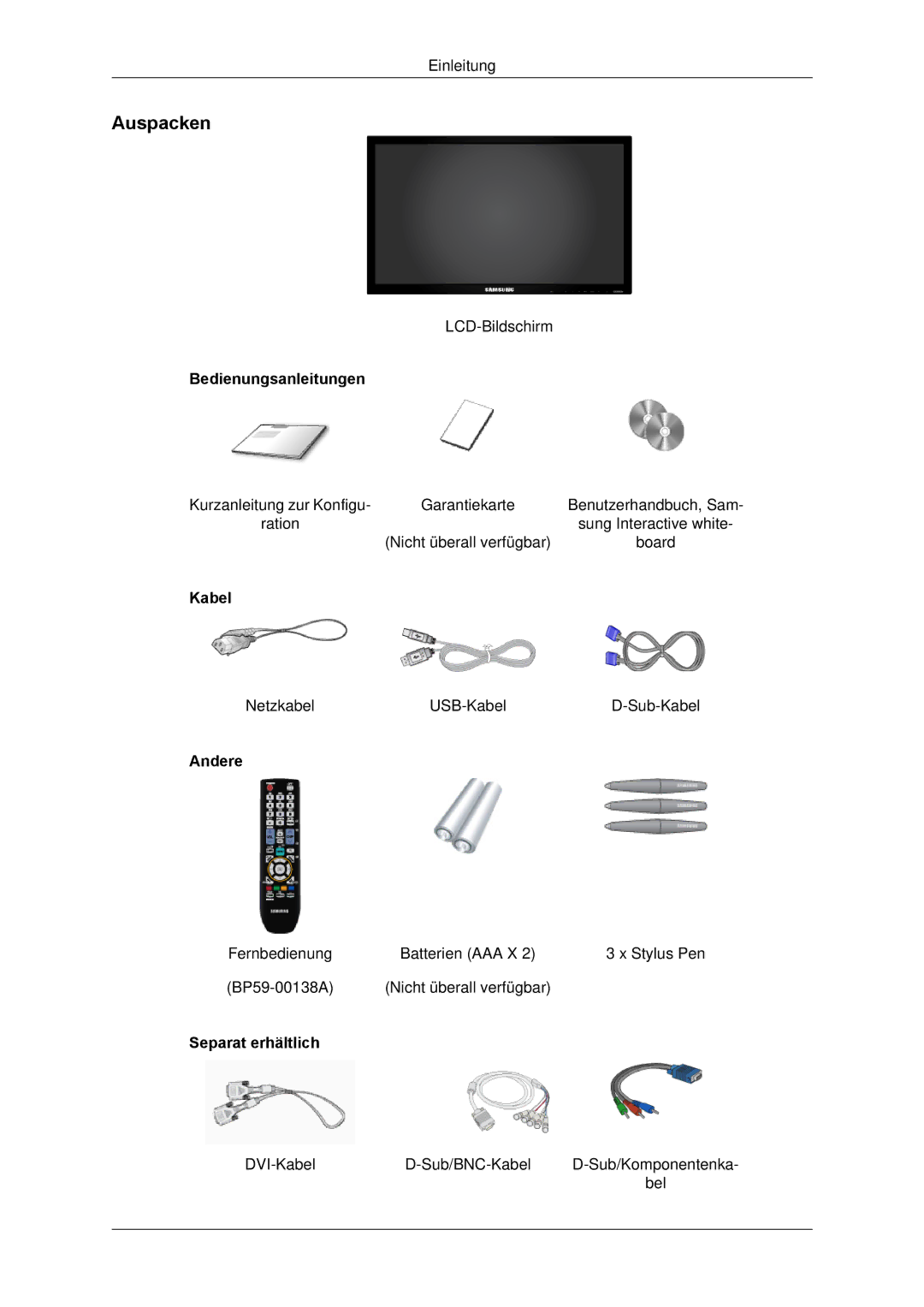 Samsung LH65TCPMBC/EN manual Auspacken, Bedienungsanleitungen 