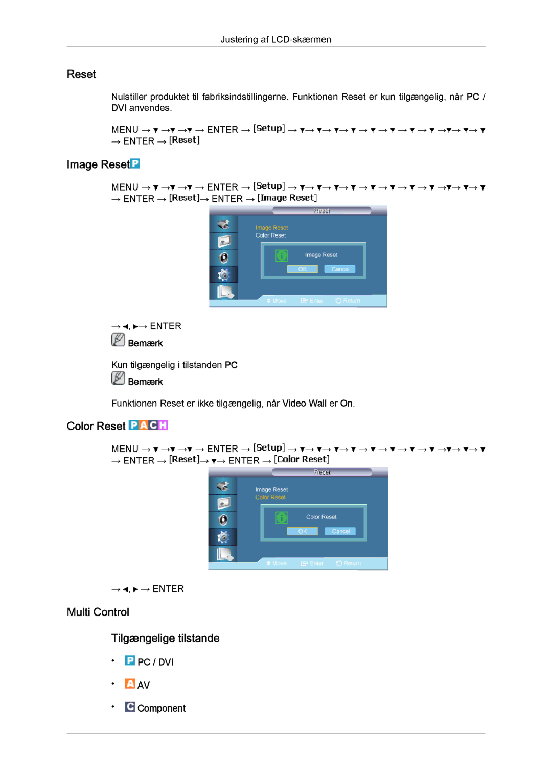 Samsung LH65TCPMBC/EN manual Image Reset, Color Reset, Multi Control Tilgængelige tilstande 