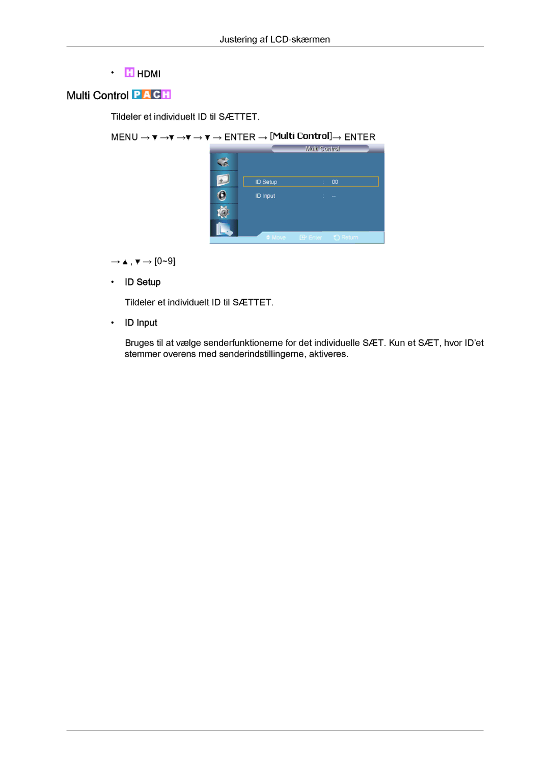 Samsung LH65TCPMBC/EN manual Multi Control, ID Setup, ID Input 