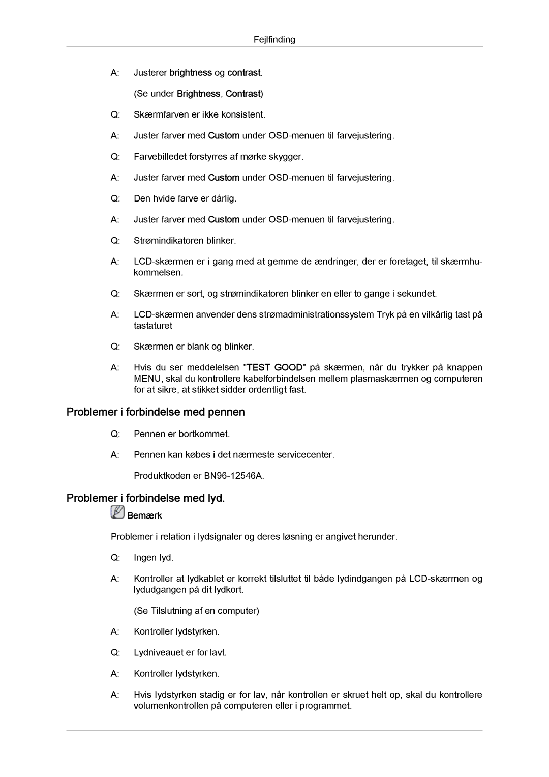 Samsung LH65TCPMBC/EN manual Problemer i forbindelse med pennen, Problemer i forbindelse med lyd 