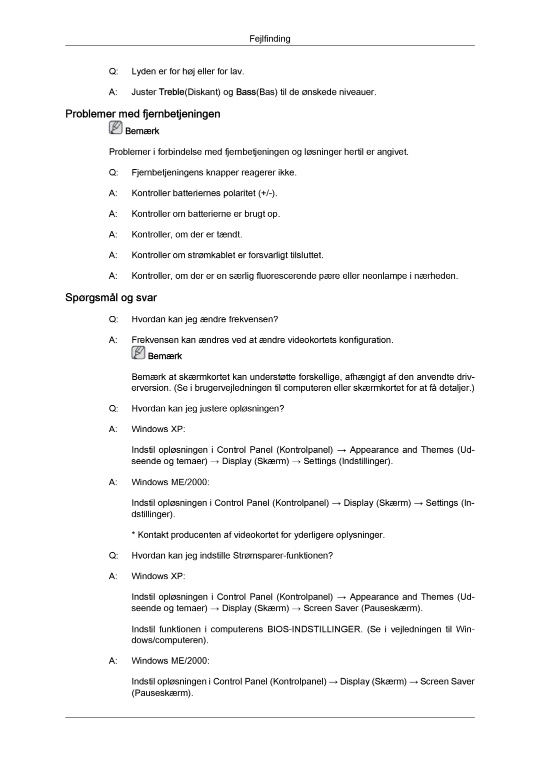 Samsung LH65TCPMBC/EN manual Problemer med fjernbetjeningen, Spørgsmål og svar 