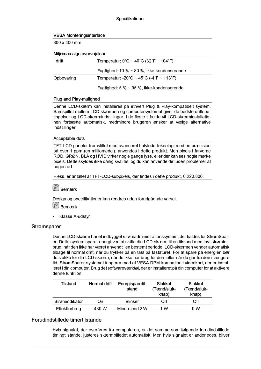 Samsung LH65TCPMBC/EN manual Strømsparer, Forudindstillede timertilstande 