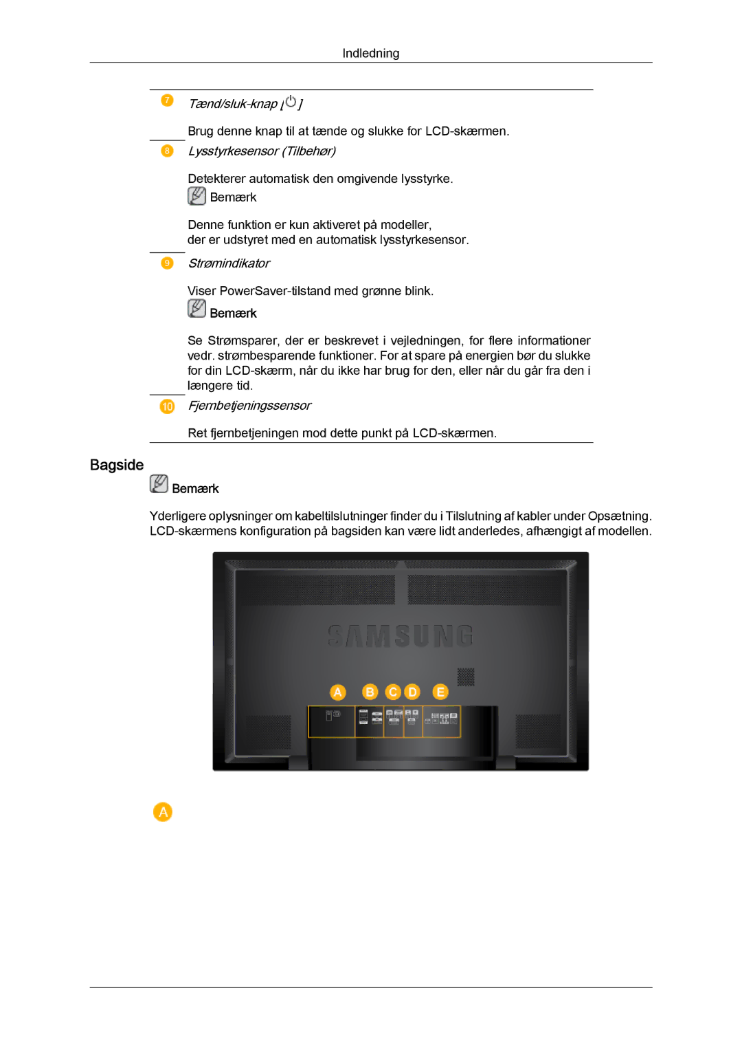 Samsung LH65TCPMBC/EN manual Bagside, Lysstyrkesensor Tilbehør 