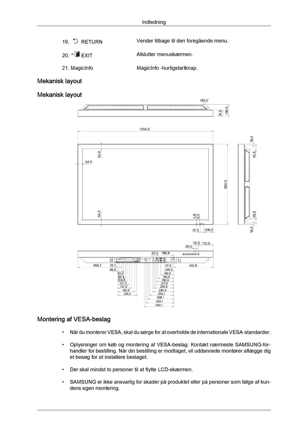 Samsung LH65TCPMBC/EN manual Mekanisk layout Montering af VESA-beslag 