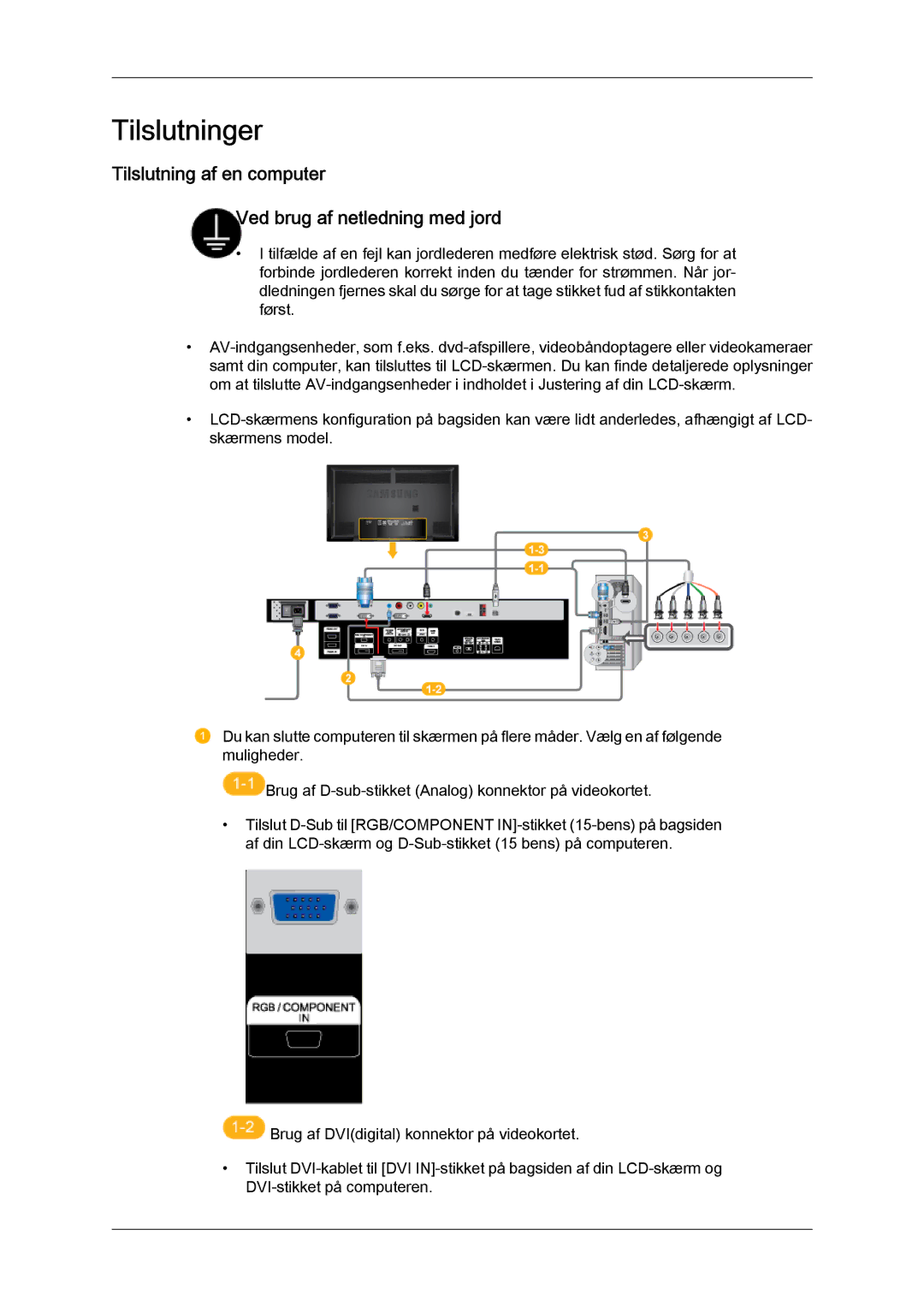 Samsung LH65TCPMBC/EN manual Tilslutninger, Tilslutning af en computer Ved brug af netledning med jord 