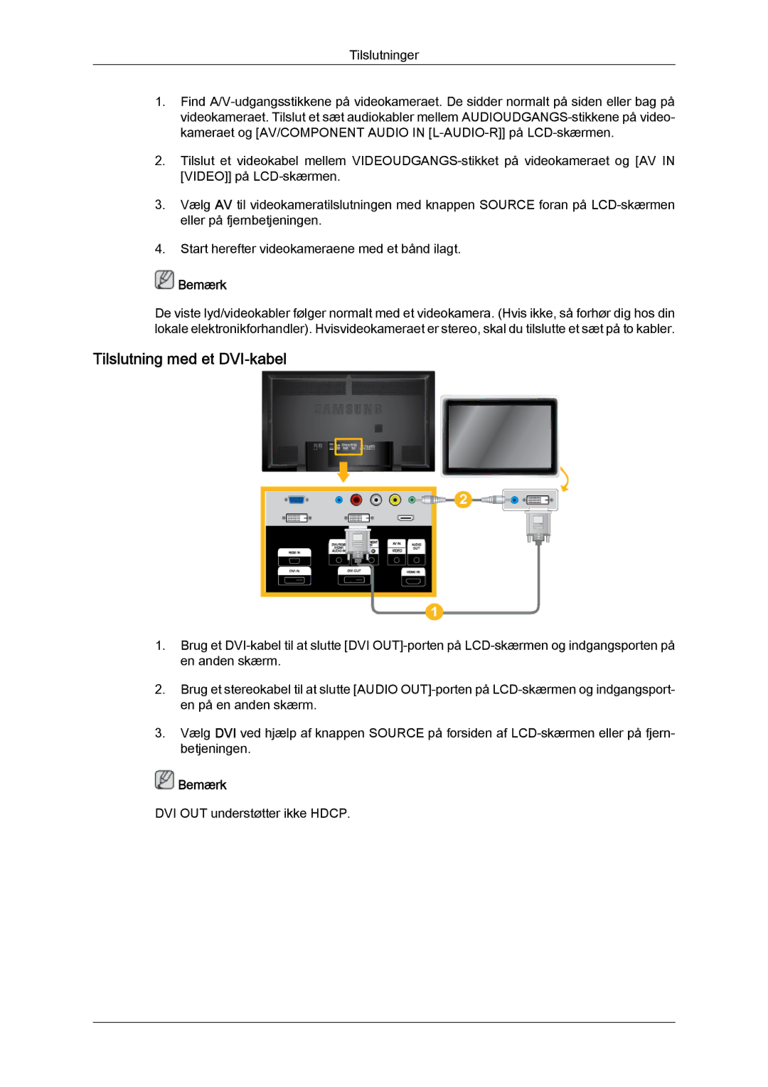 Samsung LH65TCPMBC/EN manual Tilslutning med et DVI-kabel 