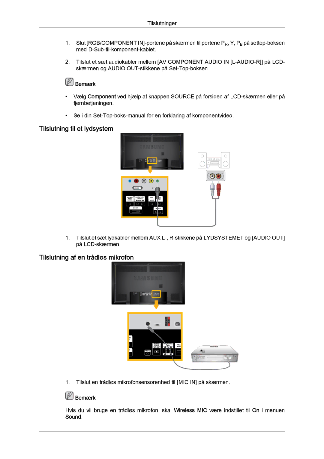 Samsung LH65TCPMBC/EN manual Tilslutning til et lydsystem, Tilslutning af en trådløs mikrofon 