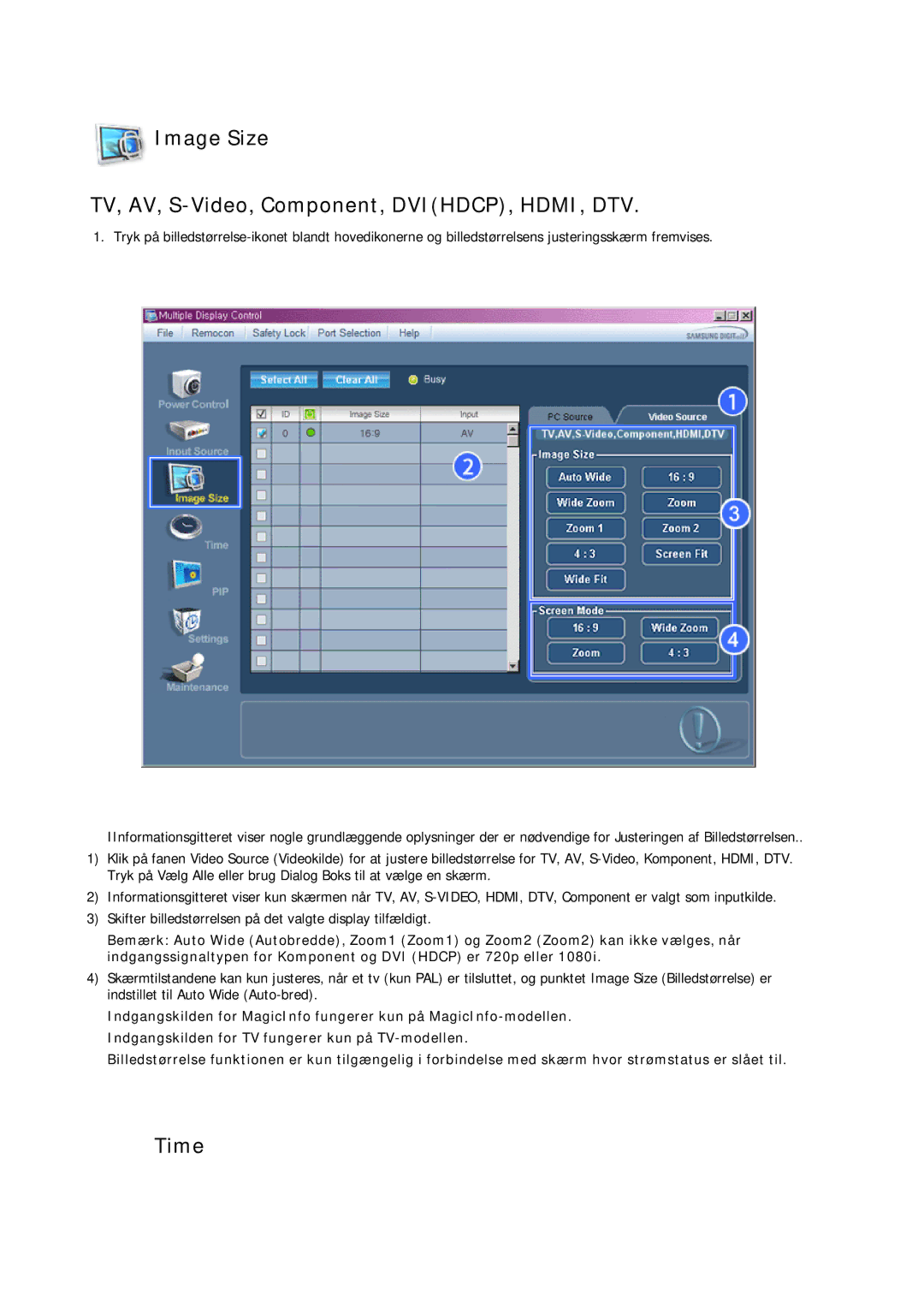 Samsung LH65TCPMBC/EN manual Image Size TV, AV, S-Video, Component, DVIHDCP, HDMI, DTV, Time 