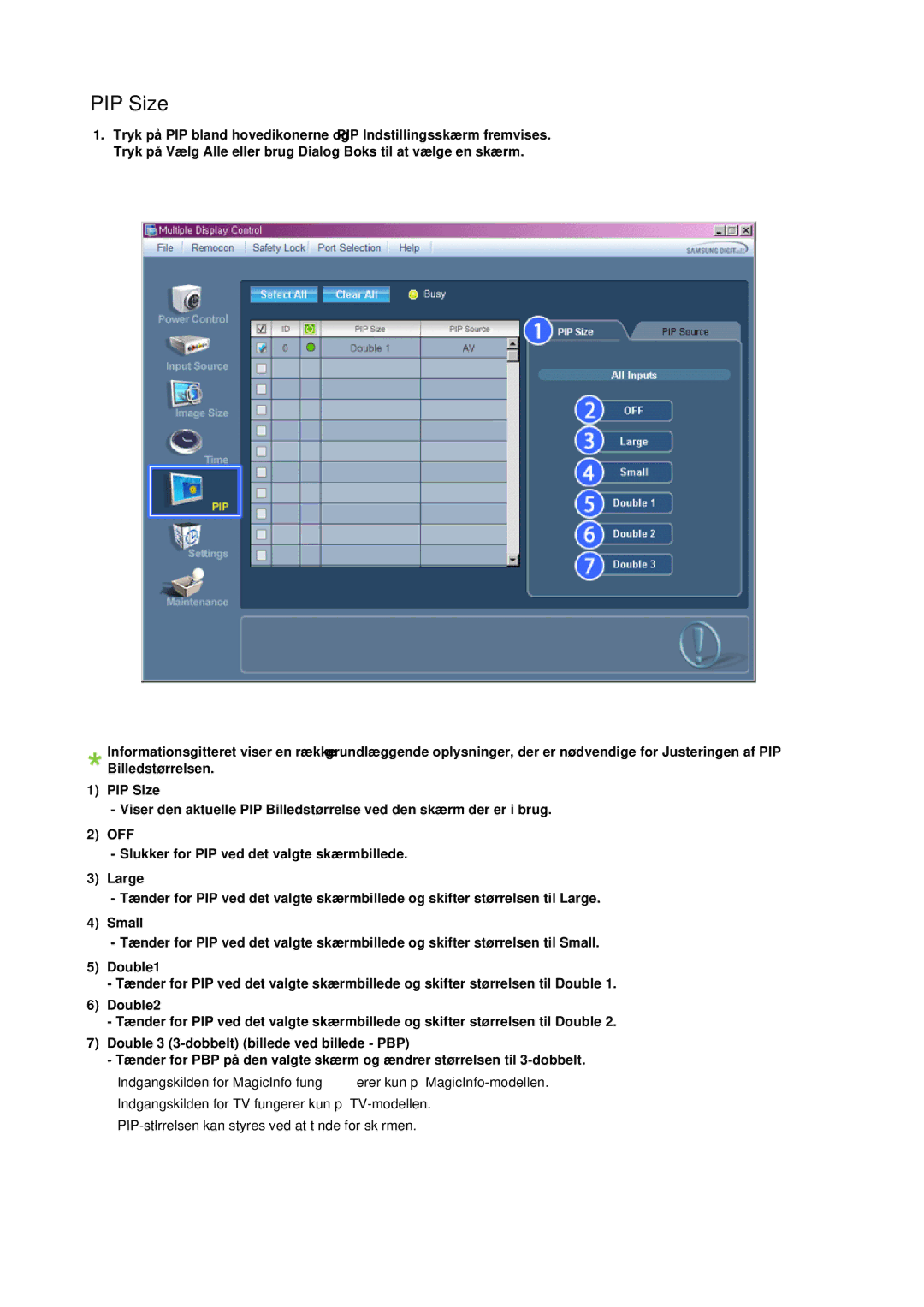 Samsung LH65TCPMBC/EN manual PIP Size 