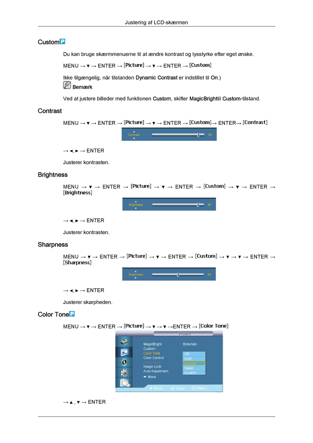 Samsung LH65TCPMBC/EN manual Custom, Contrast, Brightness, Sharpness, Color Tone 