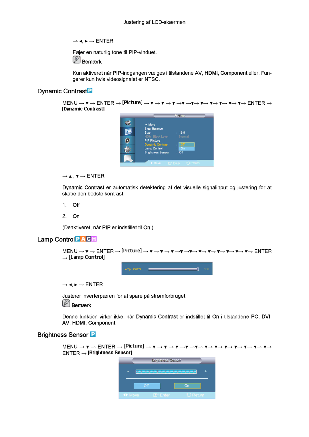 Samsung LH65TCPMBC/EN manual Dynamic Contrast, Lamp Control, Brightness Sensor 