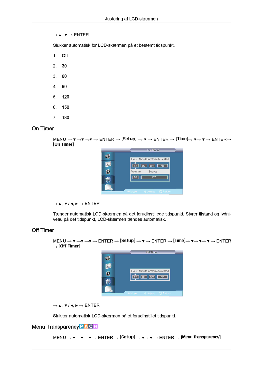 Samsung LH65TCPMBC/EN manual On Timer, Off Timer, Menu Transparency 