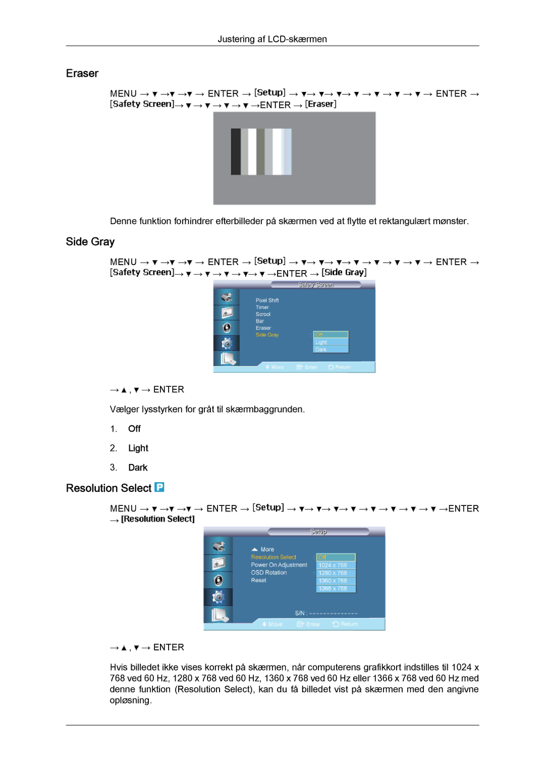 Samsung LH65TCPMBC/EN manual Eraser, Side Gray, Resolution Select, Off Light Dark 