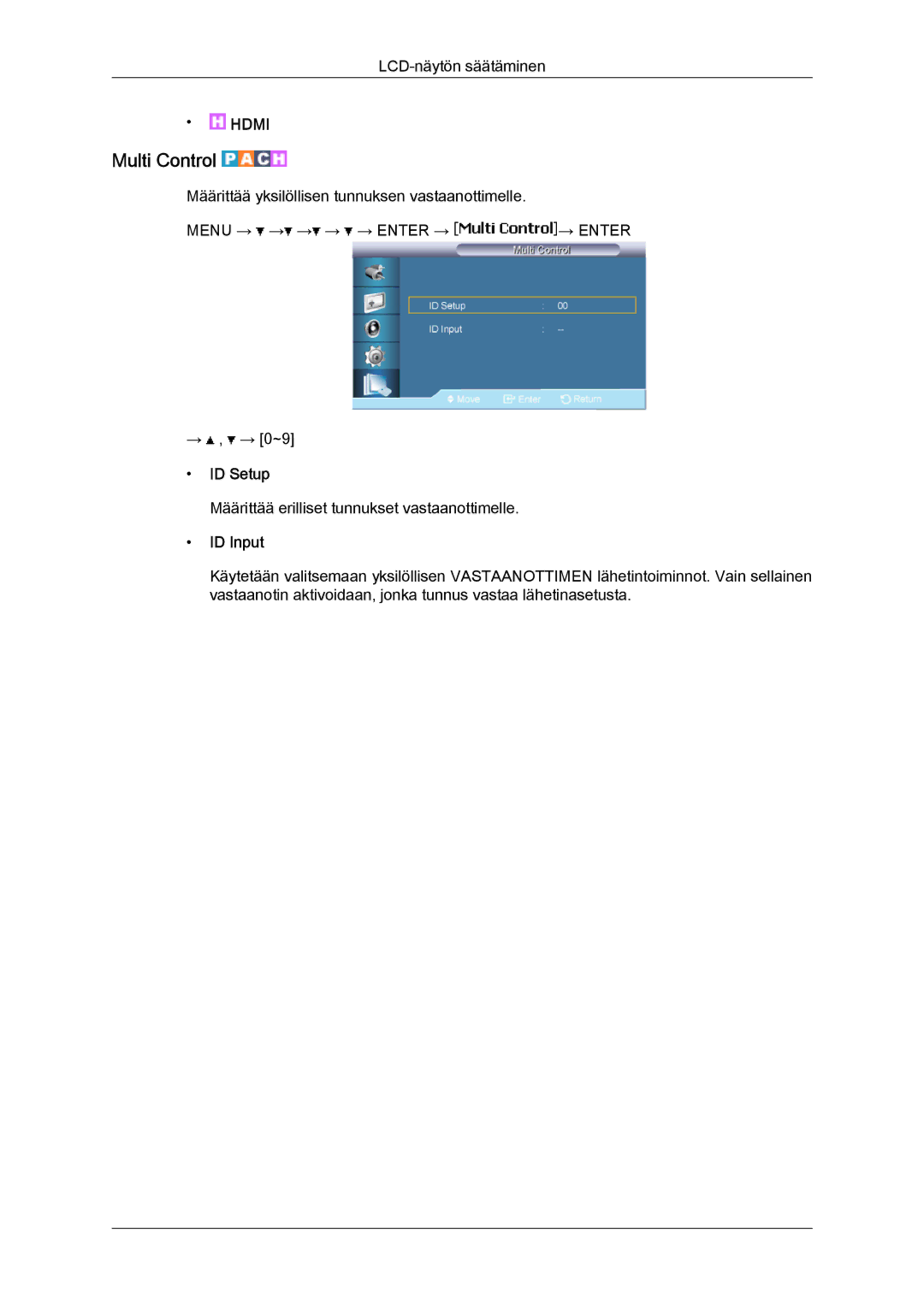 Samsung LH65TCPMBC/EN manual Multi Control, ID Setup, ID Input 