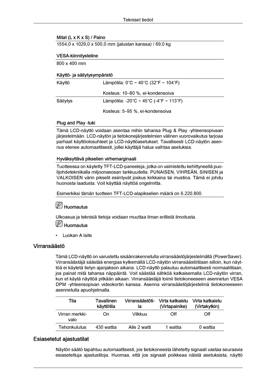 Samsung LH65TCPMBC/EN manual Virransäästö, Esiasetetut ajastustilat 