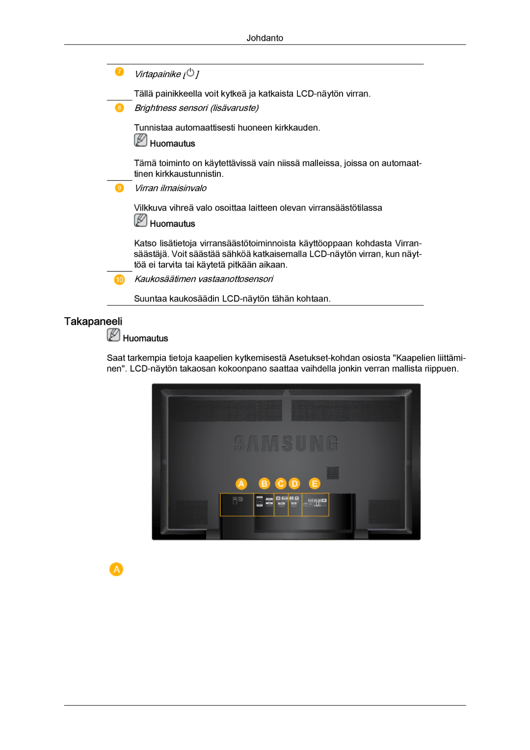 Samsung LH65TCPMBC/EN manual Takapaneeli 