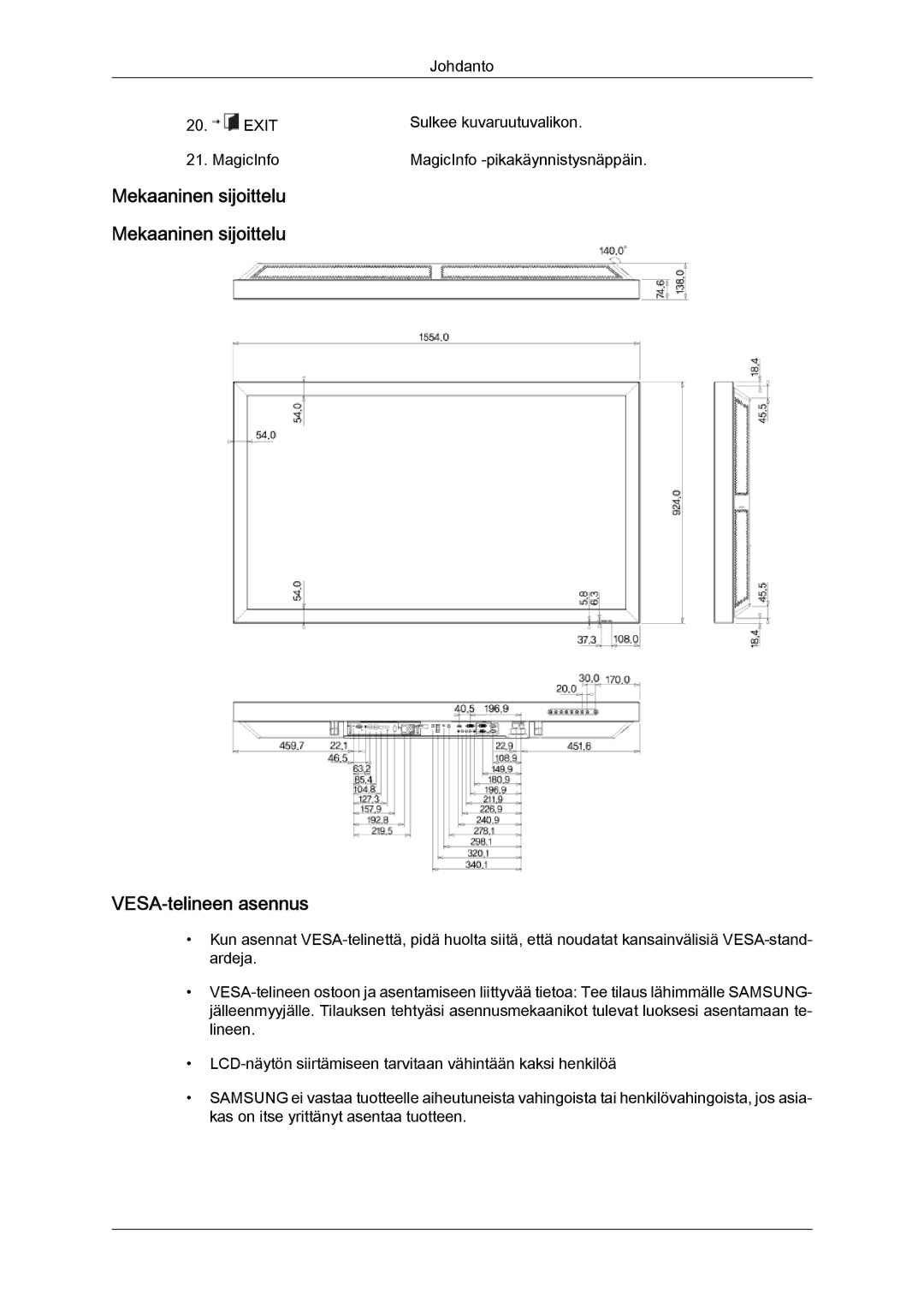 Samsung LH65TCPMBC/EN manual Mekaaninen sijoittelu VESA-telineen asennus 