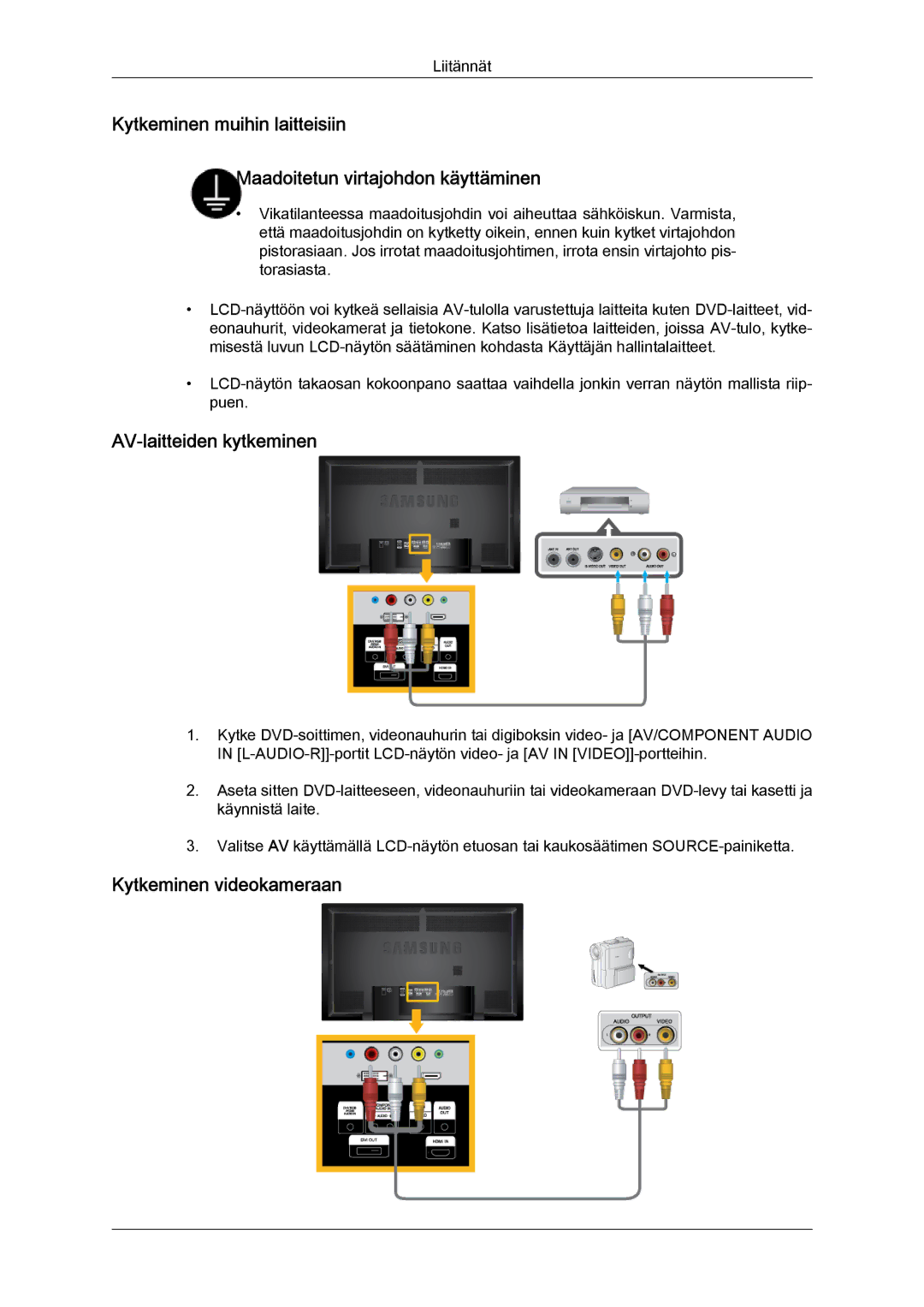 Samsung LH65TCPMBC/EN manual AV-laitteiden kytkeminen, Kytkeminen videokameraan 