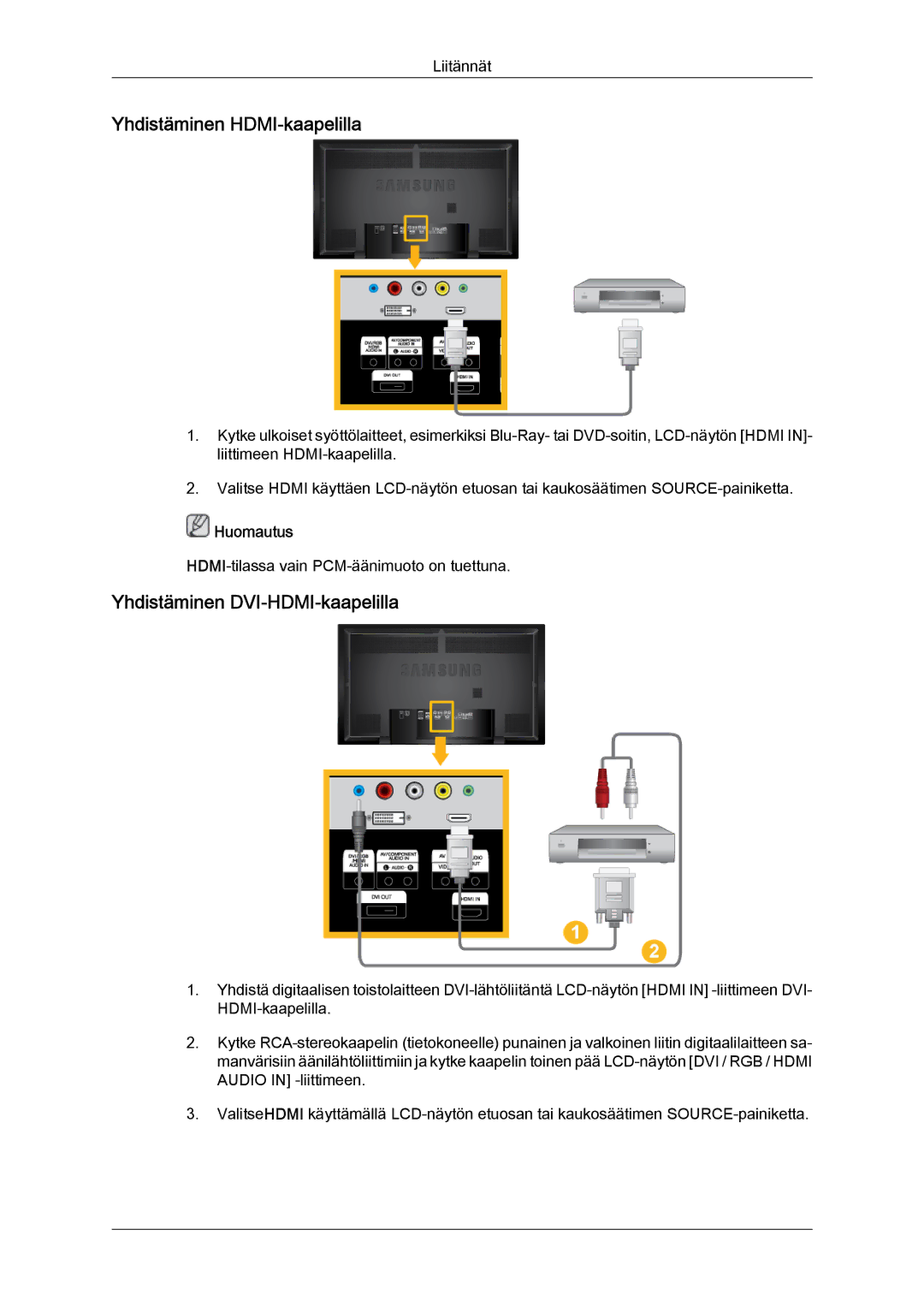 Samsung LH65TCPMBC/EN manual Yhdistäminen HDMI-kaapelilla, Yhdistäminen DVI-HDMI-kaapelilla 