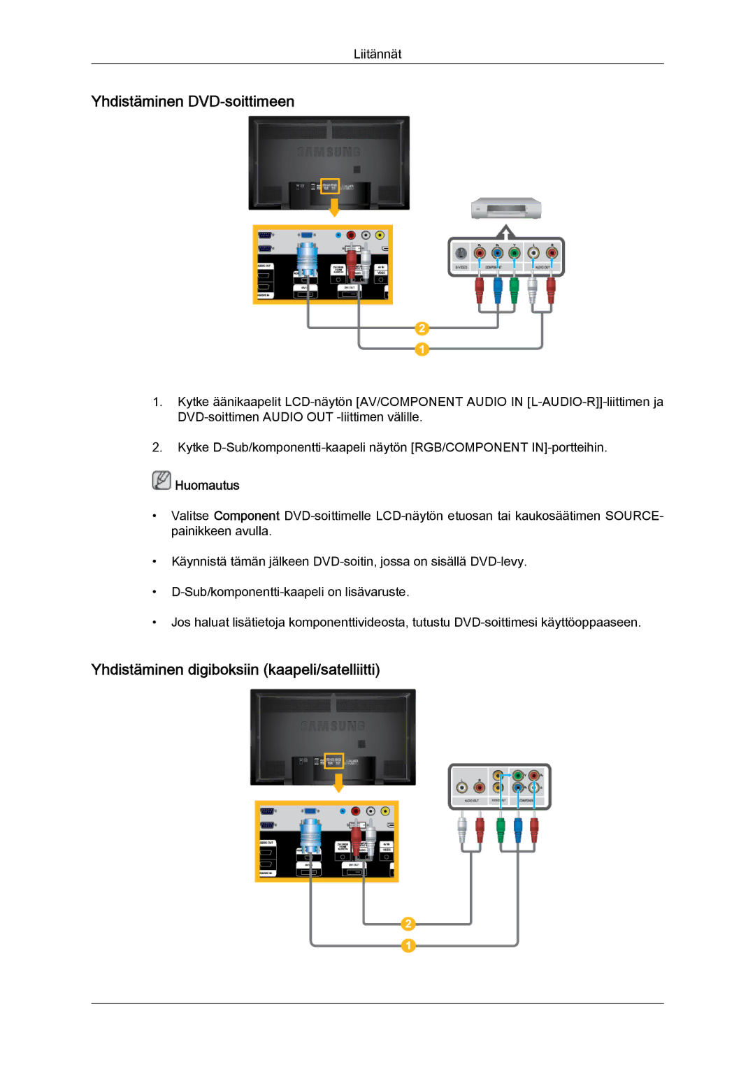 Samsung LH65TCPMBC/EN manual Yhdistäminen DVD-soittimeen, Yhdistäminen digiboksiin kaapeli/satelliitti 