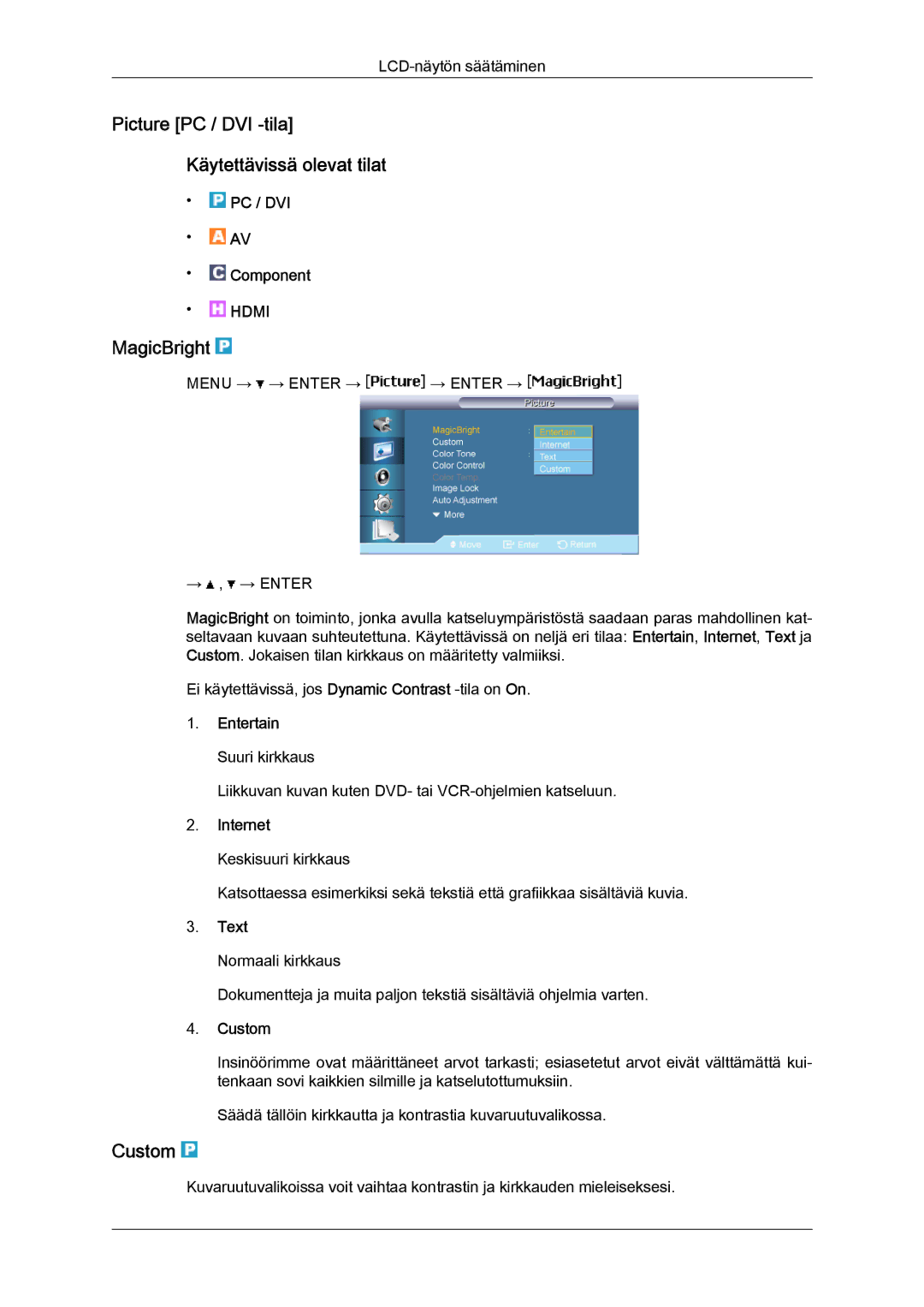 Samsung LH65TCPMBC/EN manual Picture PC / DVI -tila Käytettävissä olevat tilat, MagicBright, Custom 