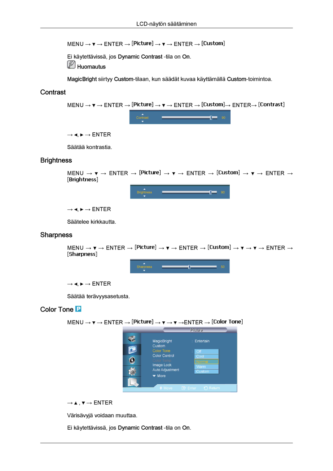 Samsung LH65TCPMBC/EN manual Contrast, Brightness, Sharpness, Color Tone 