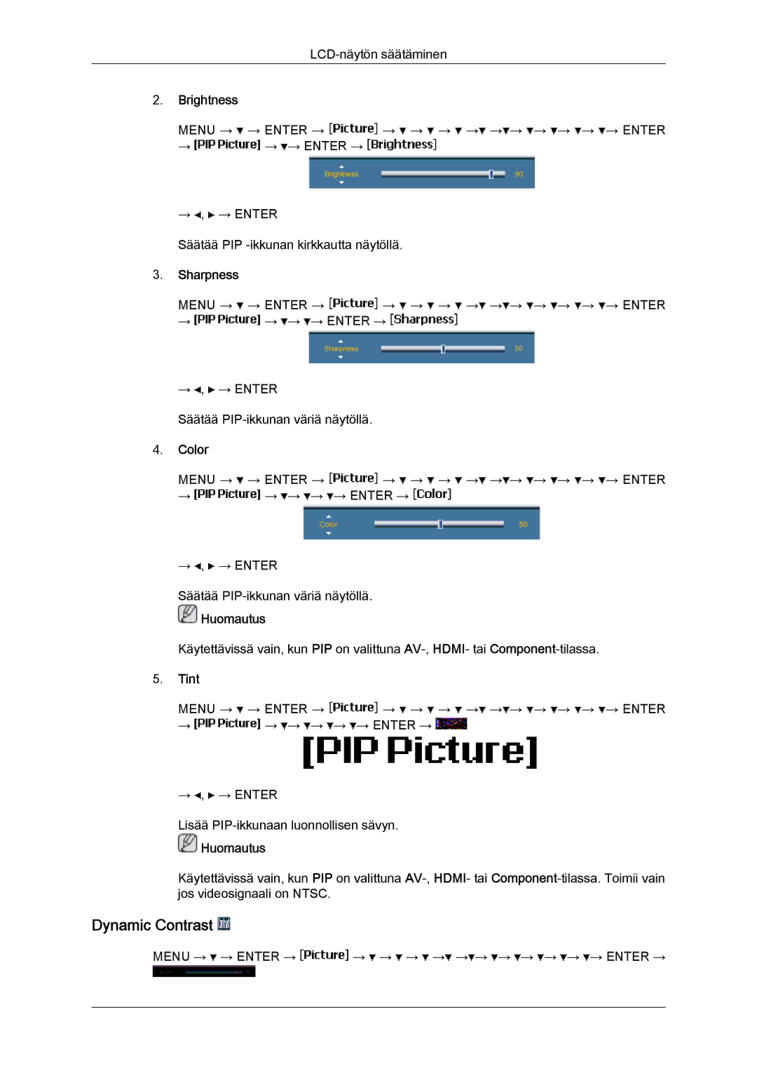 Samsung LH65TCPMBC/EN manual Dynamic Contrast, Brightness, Sharpness, Color, Tint 