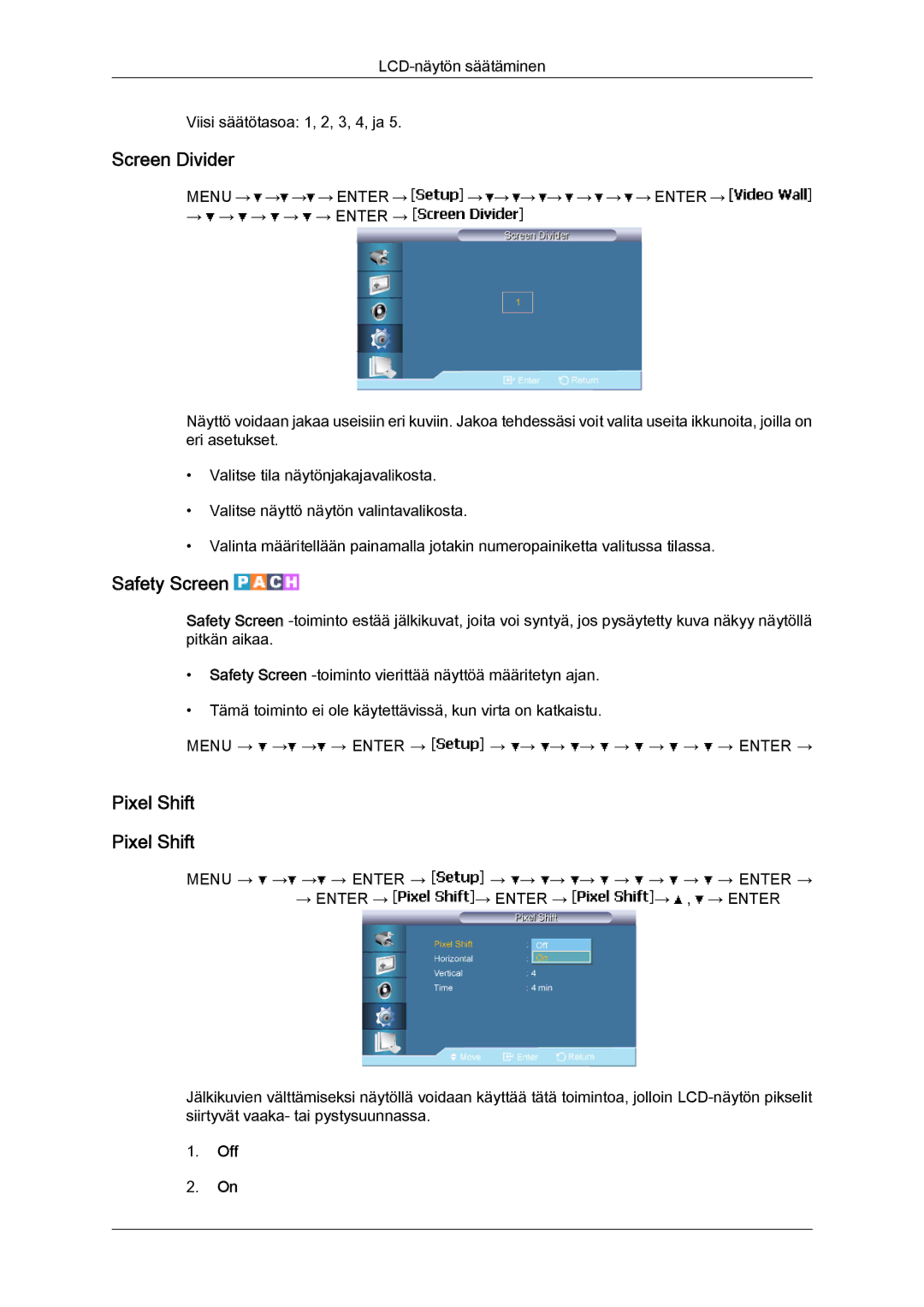 Samsung LH65TCPMBC/EN manual Screen Divider, Safety Screen, Pixel Shift 