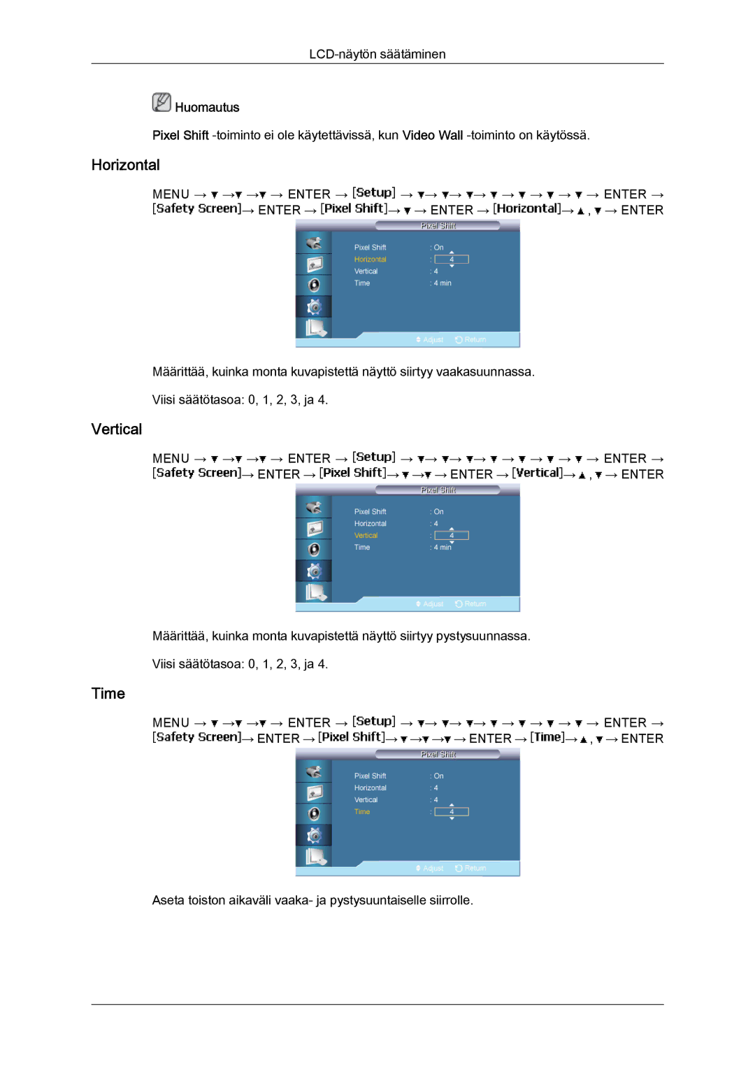 Samsung LH65TCPMBC/EN manual Aseta toiston aikaväli vaaka- ja pystysuuntaiselle siirrolle 