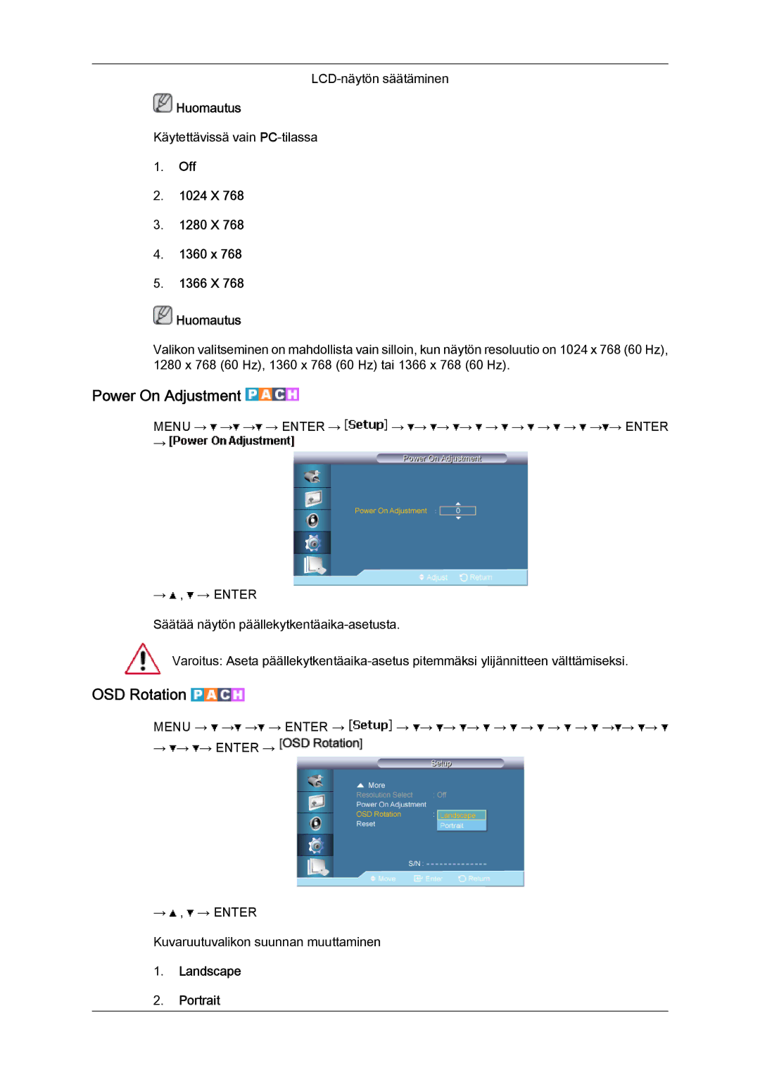 Samsung LH65TCPMBC/EN Power On Adjustment, OSD Rotation, Off 1024 X 1280 X 1360 x 1366 X Huomautus, Landscape Portrait 