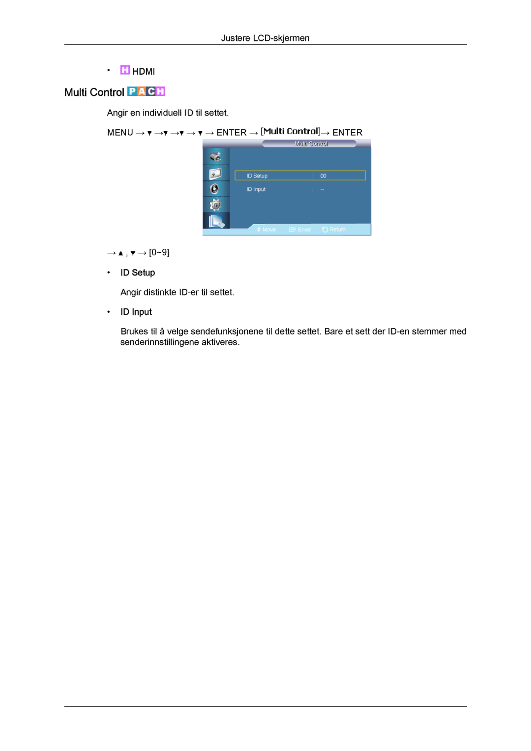 Samsung LH65TCPMBC/EN manual Multi Control, ID Setup, ID Input 