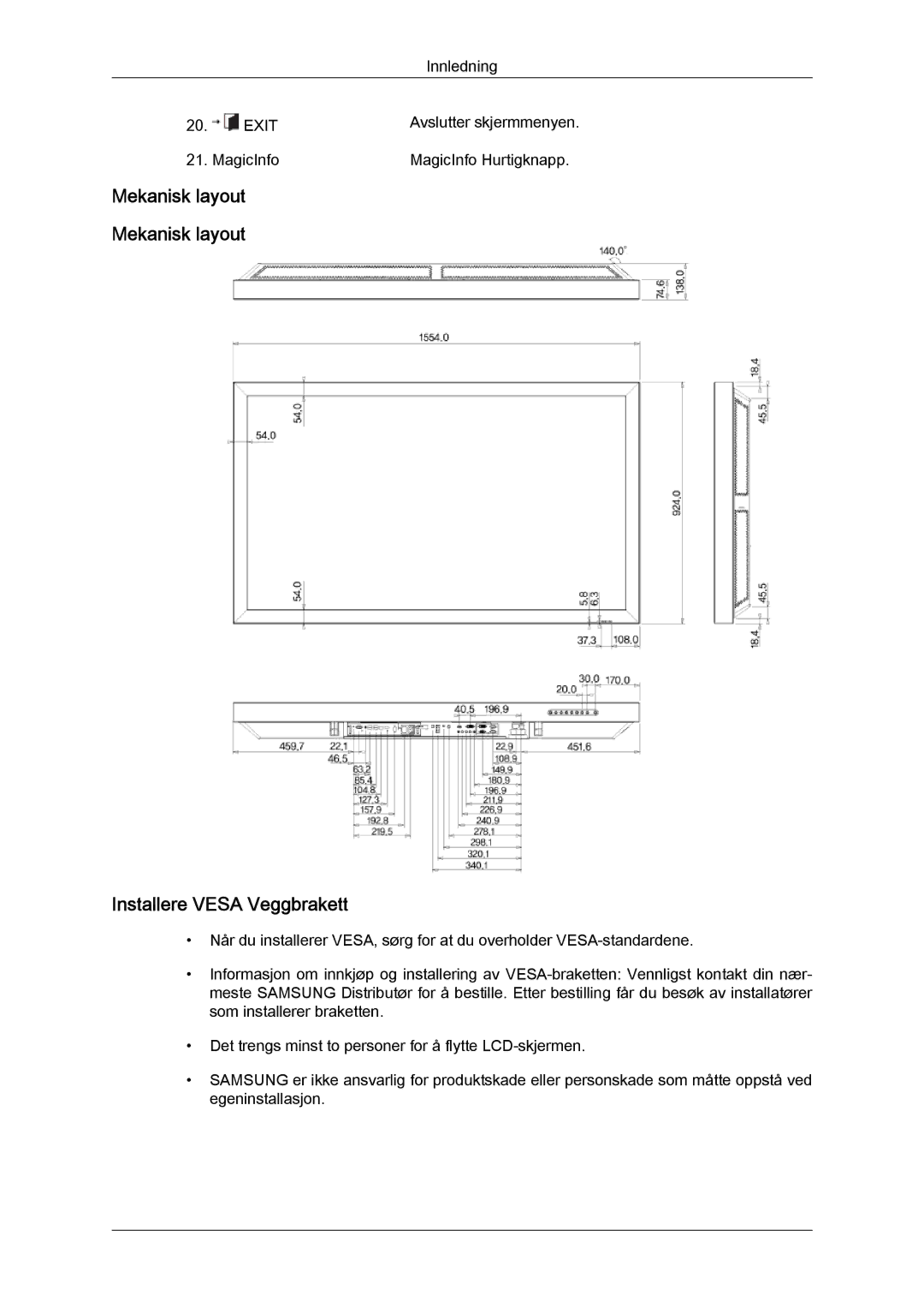 Samsung LH65TCPMBC/EN manual Mekanisk layout Installere Vesa Veggbrakett 