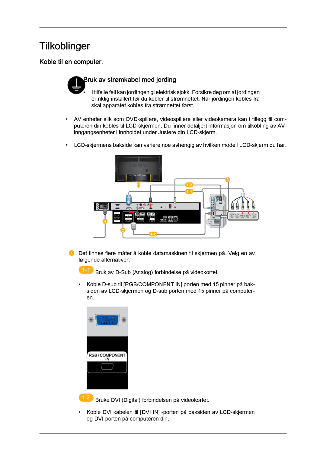 Samsung LH65TCPMBC/EN manual Tilkoblinger, Koble til en computer Bruk av strømkabel med jording 