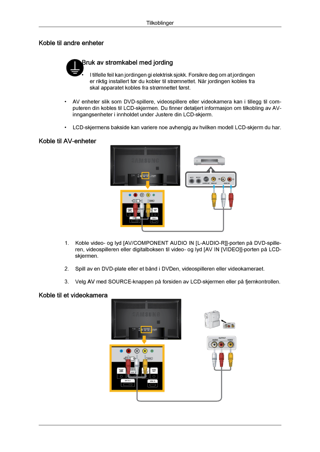 Samsung LH65TCPMBC/EN manual Koble til andre enheter Bruk av strømkabel med jording, Koble til AV-enheter 